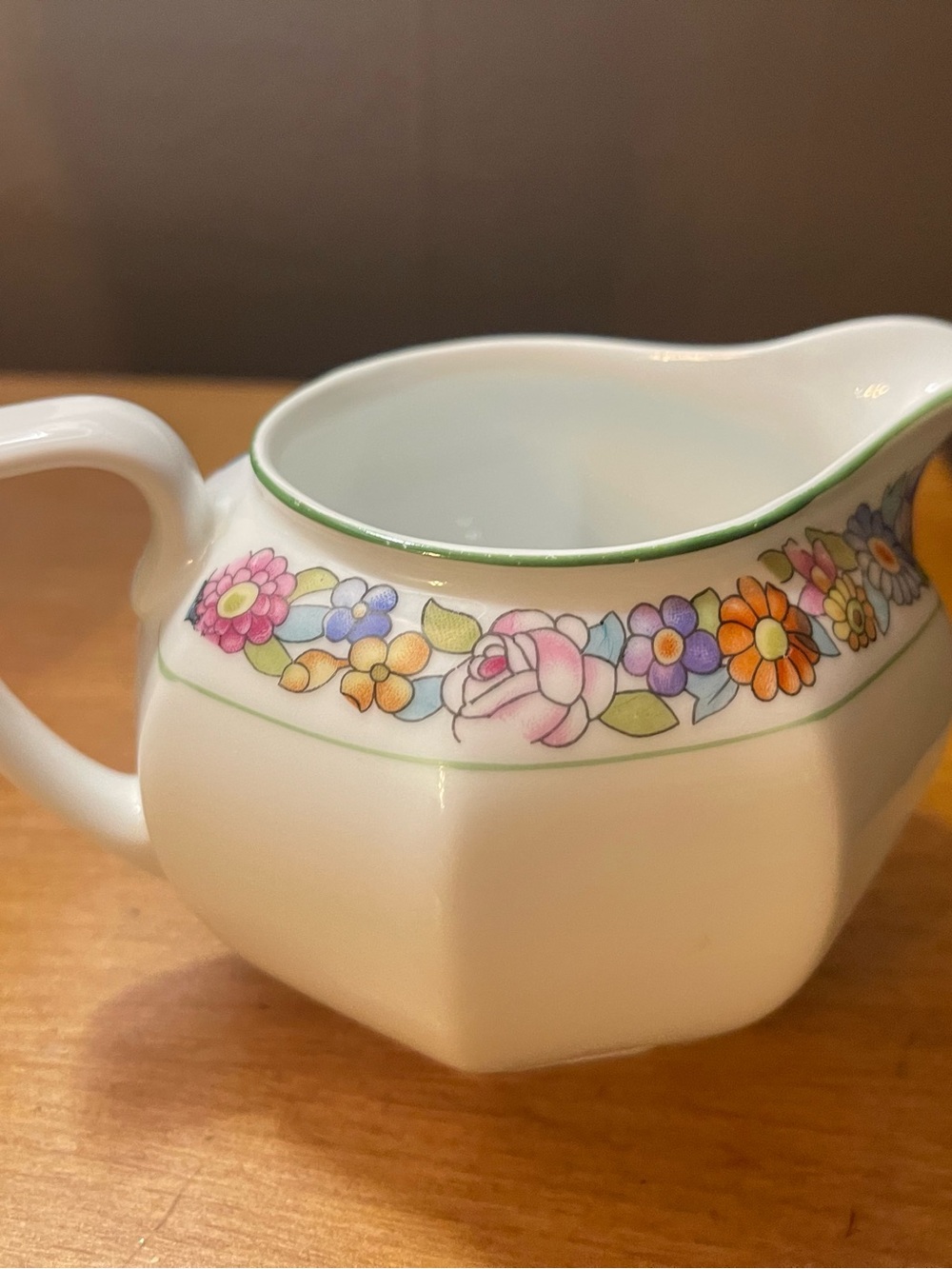Aria White Ceramic Pitcher with Pastel Floral Band and Green Trim
